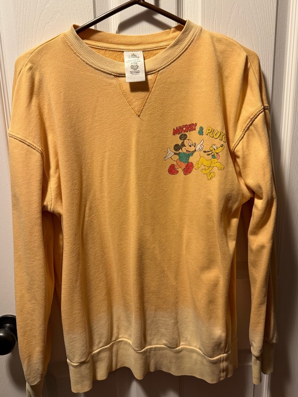 Retro Disney Parks Mickey Mouse & Pluto Yellow Graphic Crewneck - Small